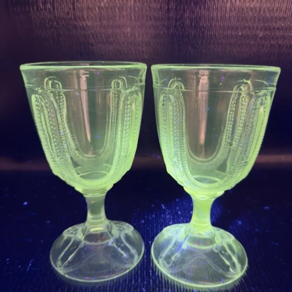 1880s EAPG Adams Glass Curtain Tie‎ Back Goblets Set 2 Manganese 365nm UV Glow